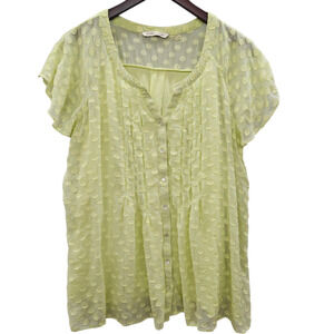 Soft Surroundings Blouse Womens Large Green Polka Dot Sheer Flutter Sleeve Silk